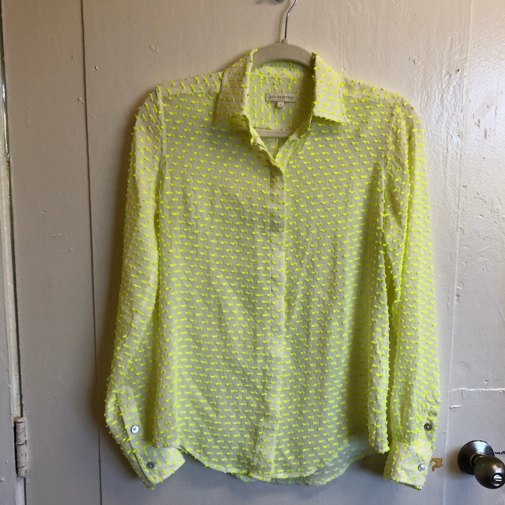 Ann Mashburn clipped dot button front blouse long sleeves fuzzy tuft texture